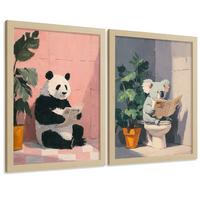 POSTER 2er-Set dekorative Badezimmer-Kunstdrucke und lustige für Wand, Toilette mit lesenden Tieren im Badezimmer, Stil Leichter Holzrahmen A3 - Beige, Papier (42/29.7/3cm) - Nacnic