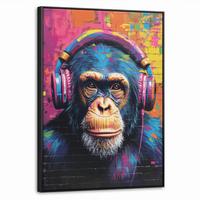 LEINWAND Bilder mit Rahmen - Graffiti - Schimpanse - Straßenkunst - Kopfhörer - Affe - 50x70 - Blau, Textil (50/70cm) - MuchoWow
