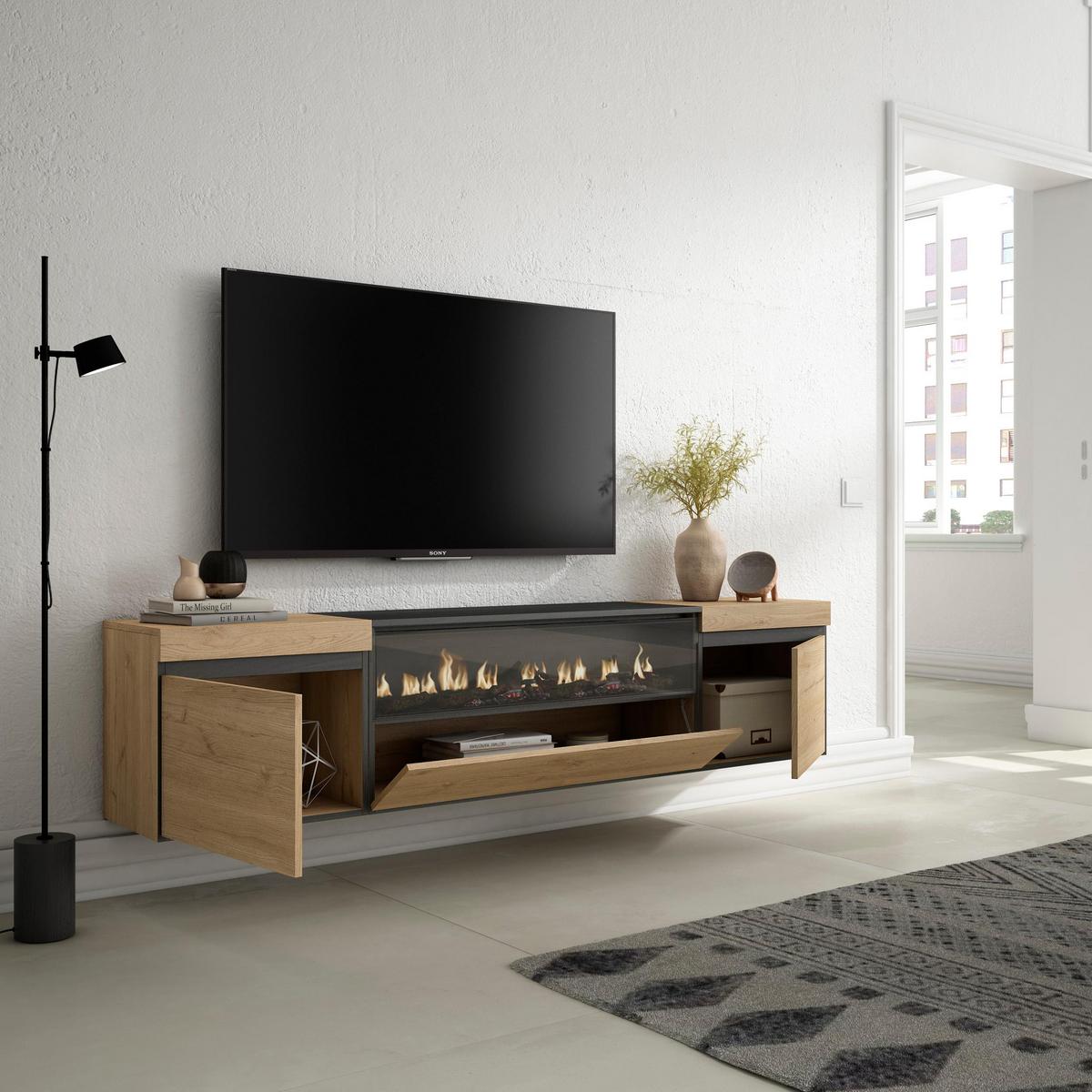 LOWBOARD mit Elektrokamin, Hängend, Eiche, Schwarz, 200/35/45cm - Eichefarben/Naturfarben, Holzwerkstoff (200/45/35cm) - Skraut Home