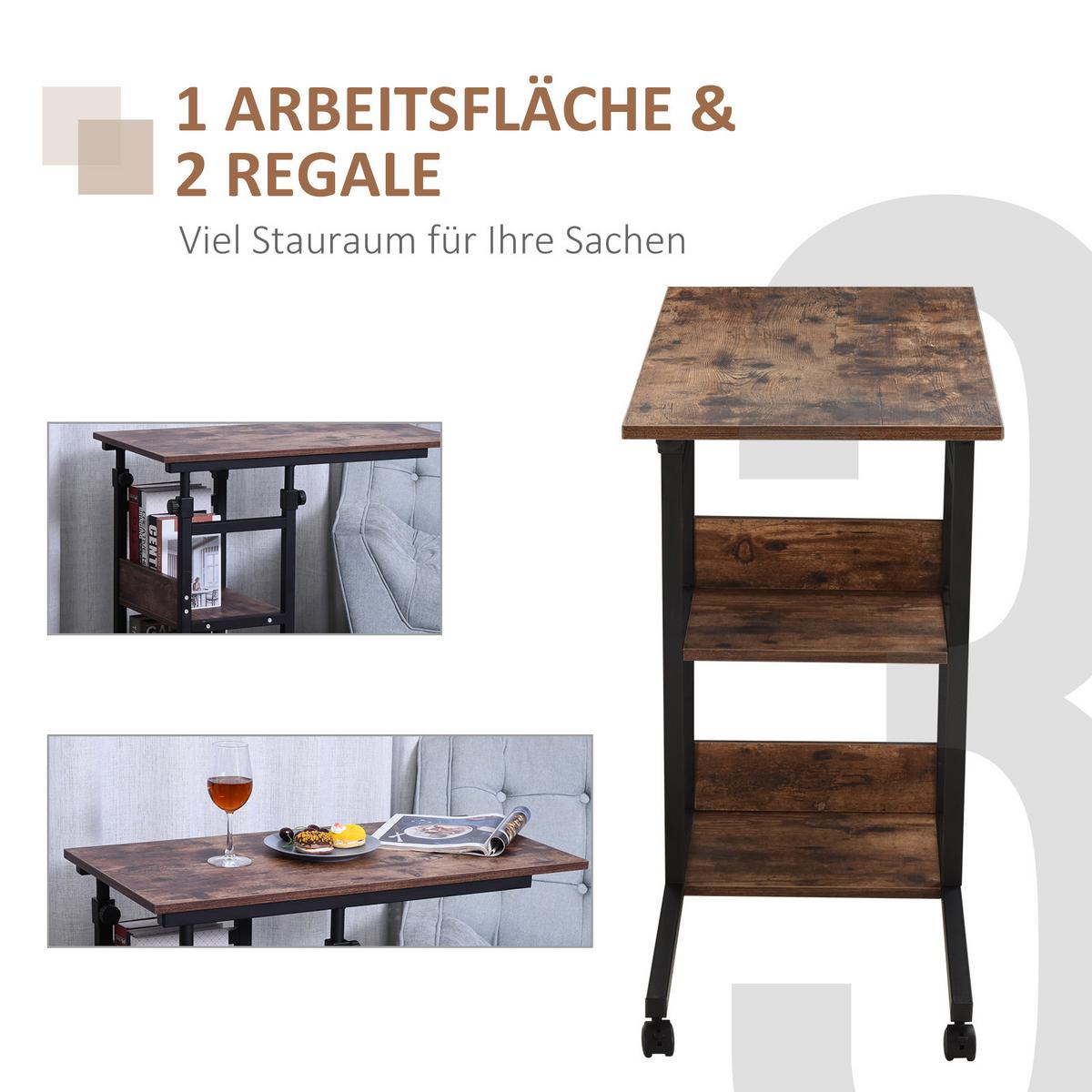 BEISTELLTISCH Couchtisch mit Rollen höhenverstellbar 2 untere Regale Esszimmer - Dunkelbraun, Kunststoff (80/40/82cm) - HOMCOM