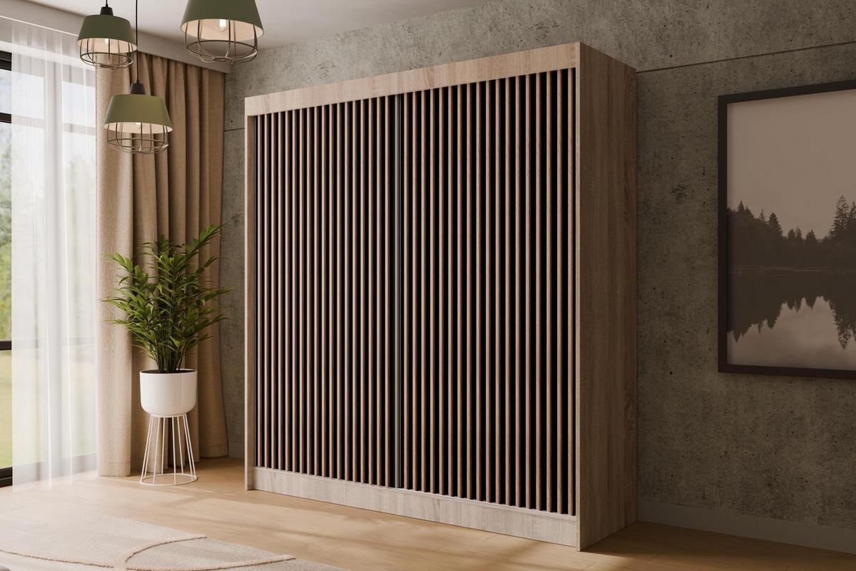 KLEIDERSCHRANK mit Lamel-Schiebetüren VILANv2 - 200 cm Sonoma Eiche + Lamelle Eiche Wotan - Eiche Wotan/Sonoma Eiche, Holzwerkstoff (200/215/61cm) - ALTDECOR