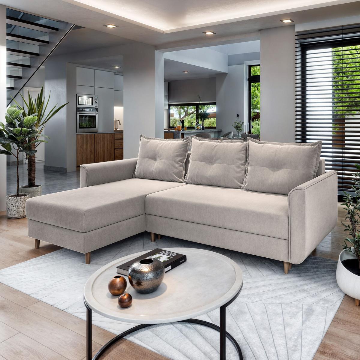 ECKSOFA PISAN L-S Beige Plüsch-Stoff mit Schlaffunktion - Beige/Braun, Holz/Textil (220/140cm) - MASSENO