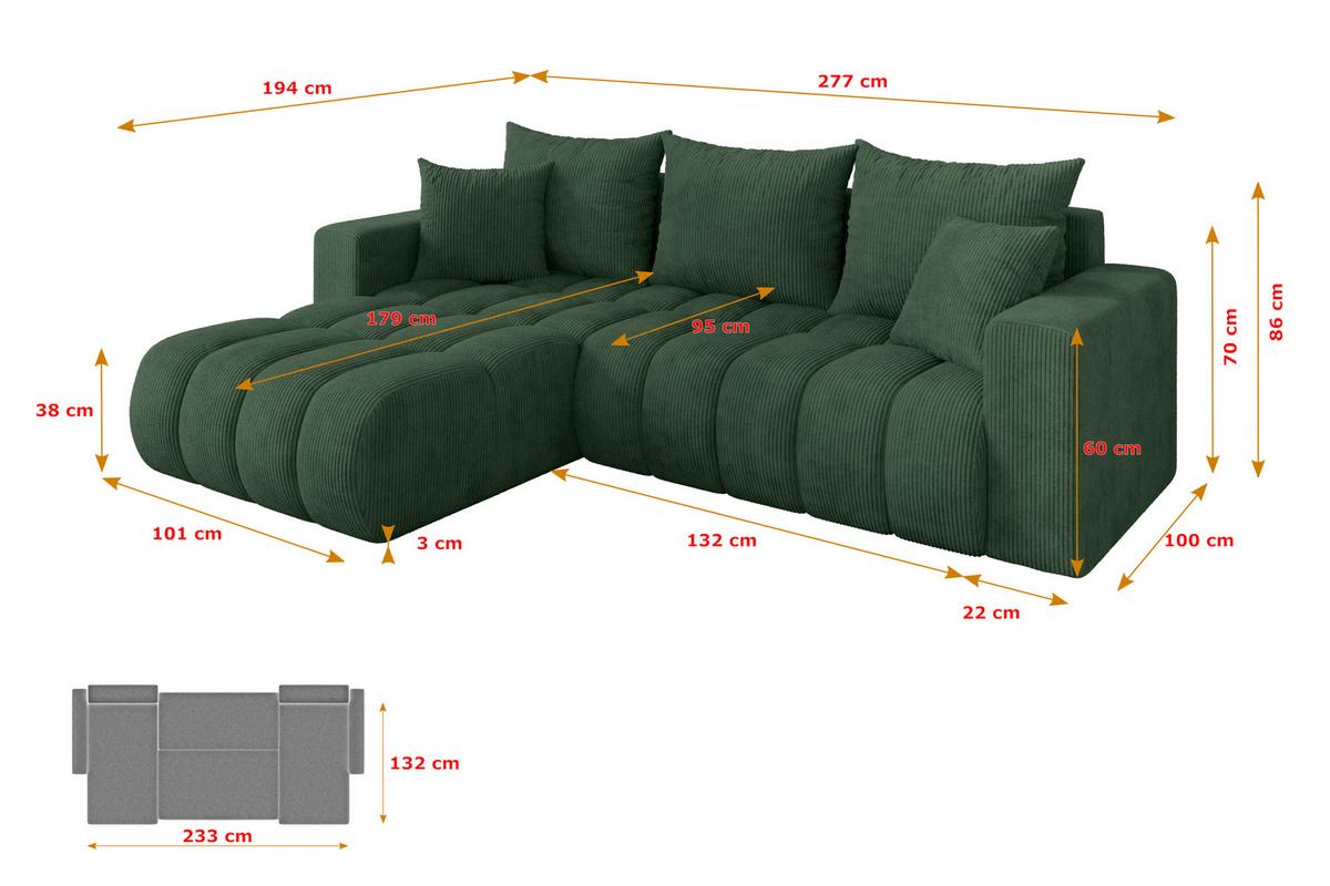 ECKSOFA mit Schlaffunktion Ottomane Links MILA-L-v1 277x195x86 Grün Cord - Dunkelgrün/Schwarz, Holzwerkstoff/Kunststoff (277/194cm) - ALTDECOR