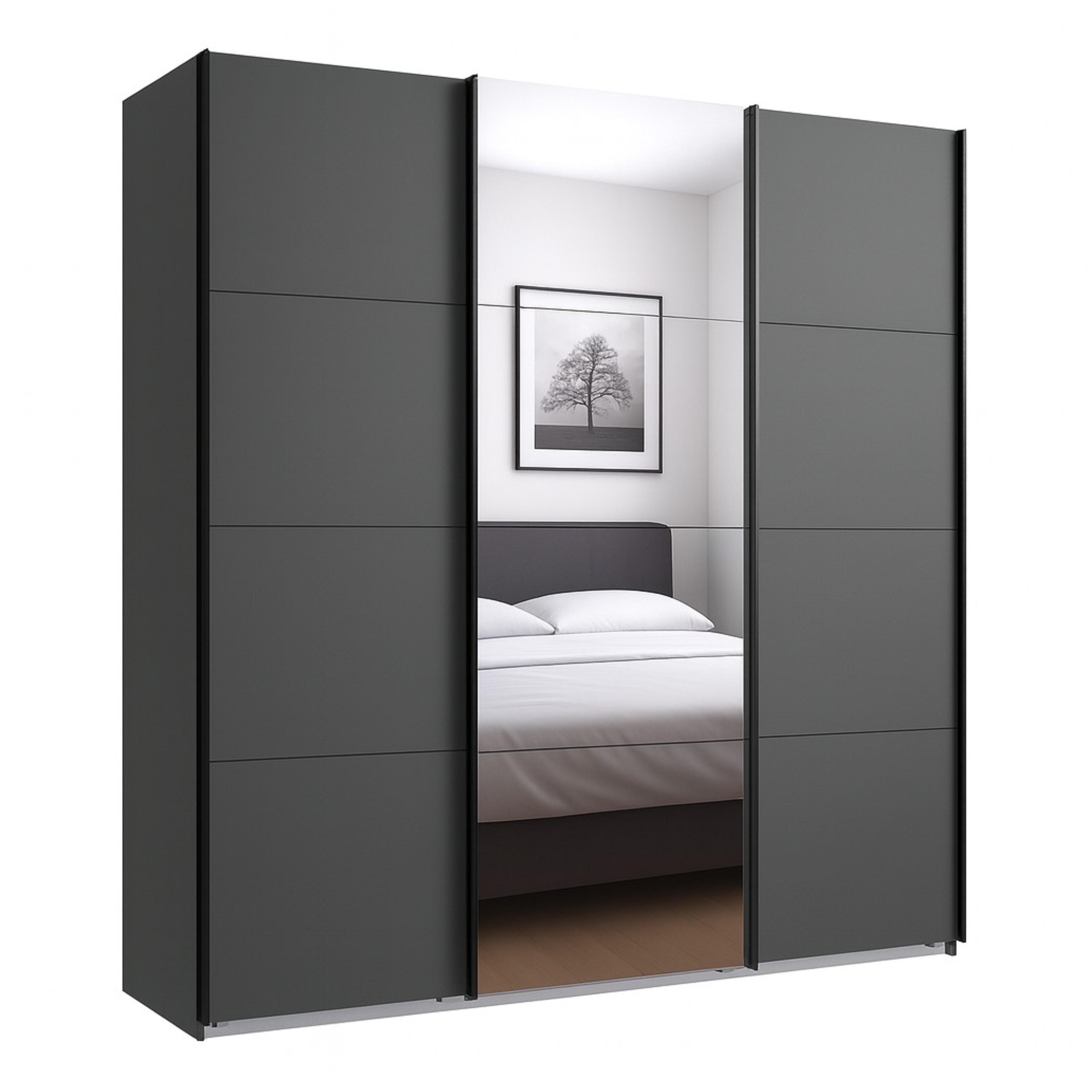 SCHWEBETÜRENSCHRANK 3-türig B180/H208/T64 cm in Grafit, Kleiderschrank mit einer Spiegeltür / 22512 - Graphitfarben/Weiß, Holzwerkstoff/Metall (180/208/64cm) - luma-home
