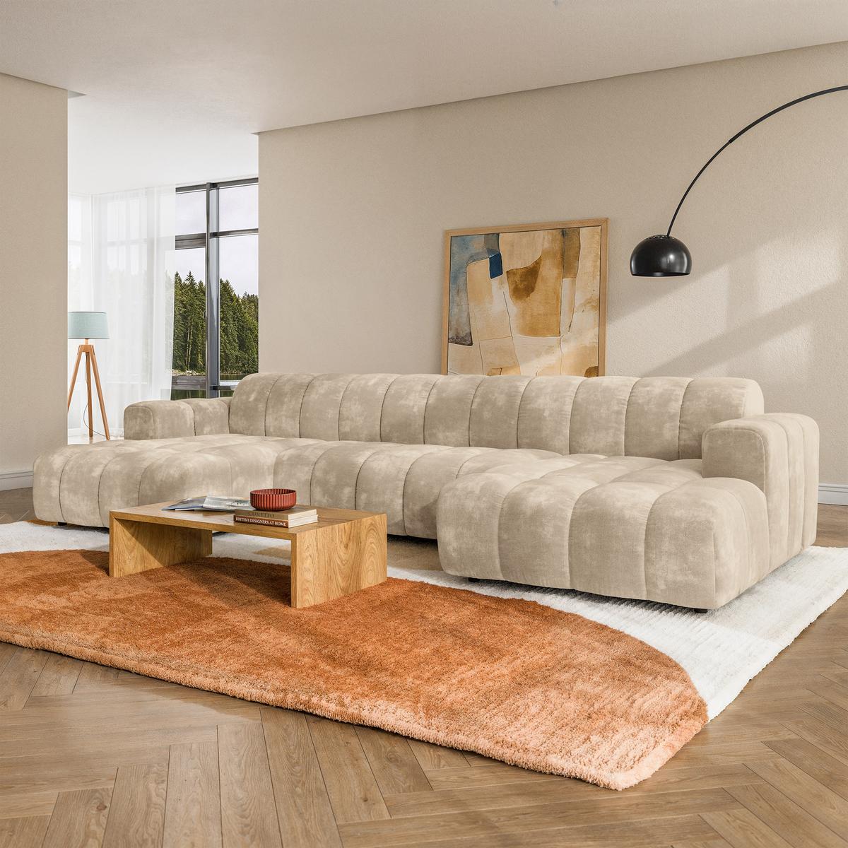 WOHNLANDSCHAFT AENIS Creme Chenille - Creme, Holz (398/85/165cm) - MASSENO