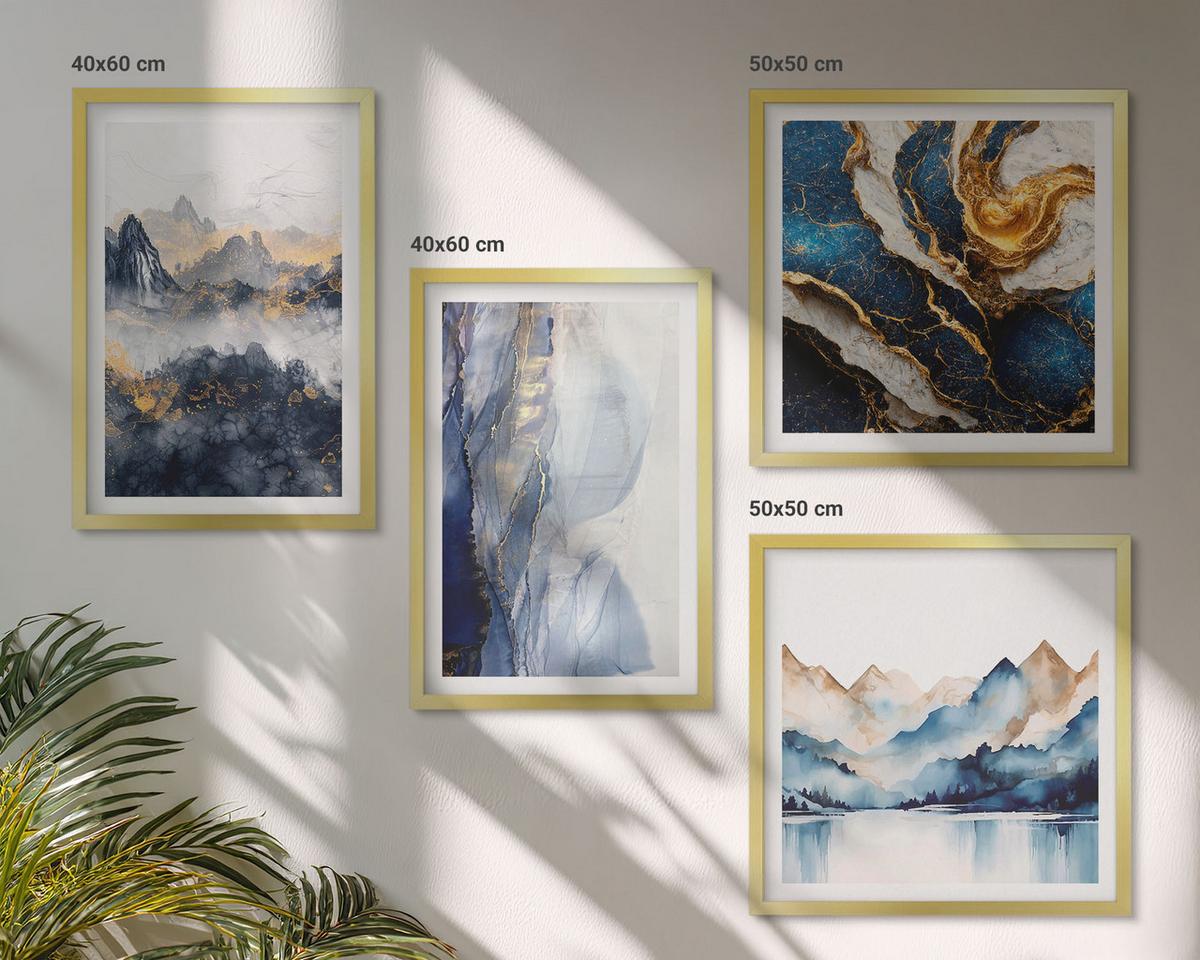 BILDER SET 4er Set - 50x50 cm & 40x60 cm Goldrahmen - Blaue Berglandschaften - Goldfarben, Kunststoff (50/50cm) - TULUP