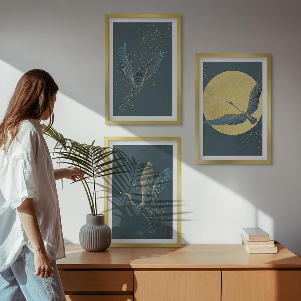 BILDER SET 3er Set - 40x60 cm Goldrahmen - Kraniche im Flug bei Nacht - Goldfarben, Kunststoff (40/60cm) - TULUP