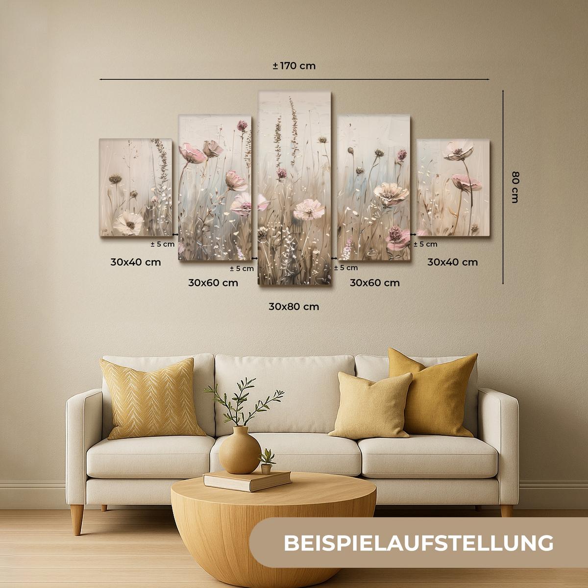 LEINWANDBILD 5er Set Blumen - Beige - Modern - Rosa 150x80 cm - Ecru, Textil (150/80cm) - MuchoWow