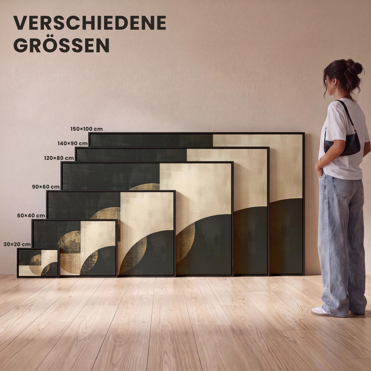 LEINWAND Bilder mit Rahmen - Abstrakt - Geometrische Formen - Schwarz - Gold - 120x80 - Ecru, Textil (120/80cm) - MuchoWow