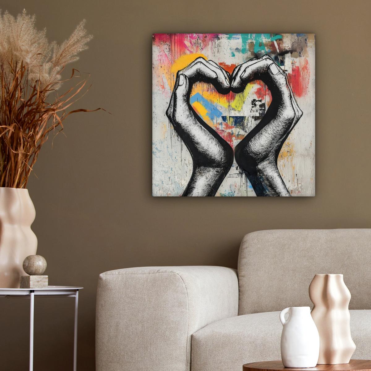 LEINWANDBILD Hände - Herz - Straßenkunst - Graffiti Wandbild Wohnzimmer 50x50 cm - Multicolor, Textil (50/50cm) - MuchoWow
