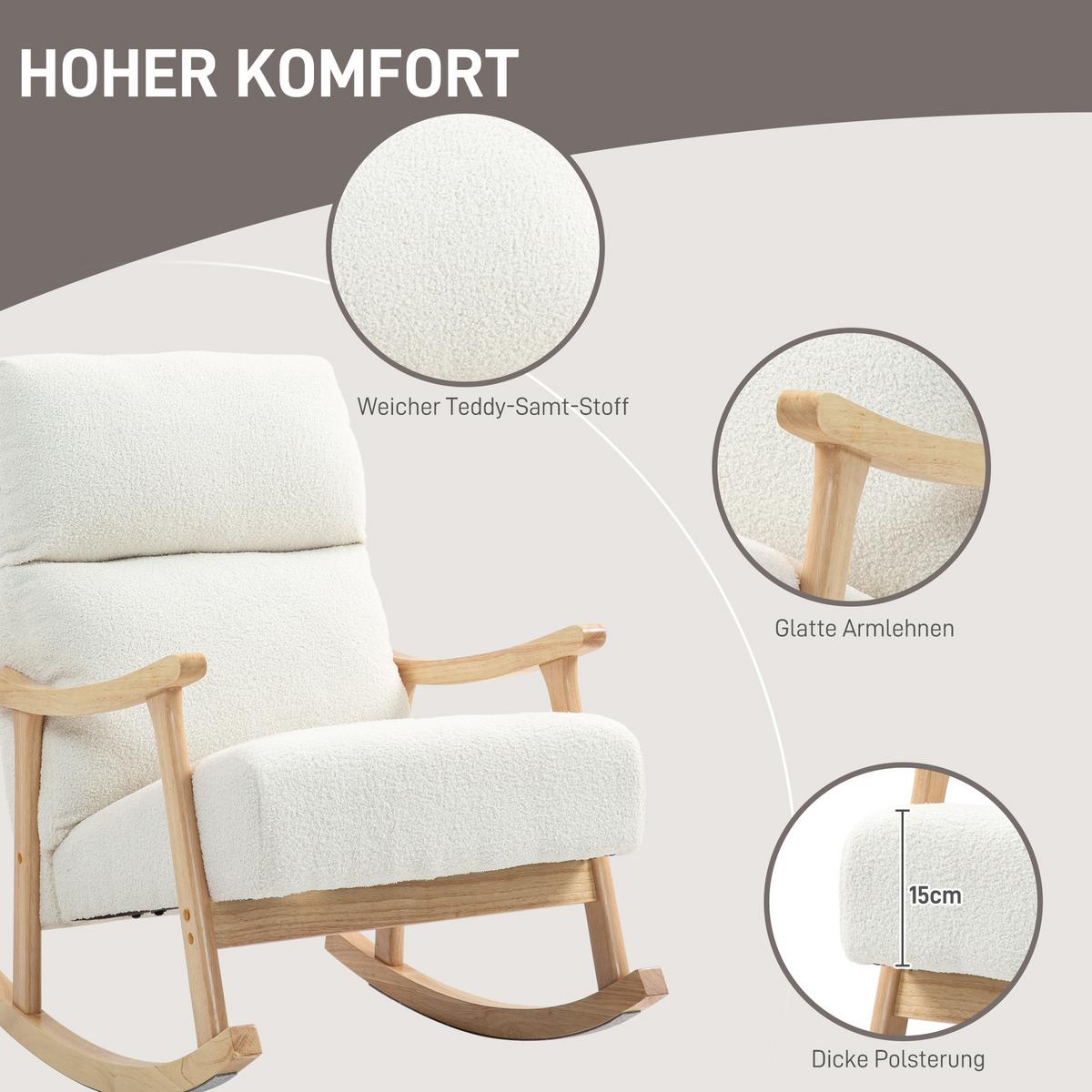 SCHAUKELSTUHL, ergonomisch Schwingsessel, Armlehnsessel, Stillsessel Cremeweiß - Creme/Naturfarben, Holz/Buchenholz (65/98/90cm) - HOMCOM