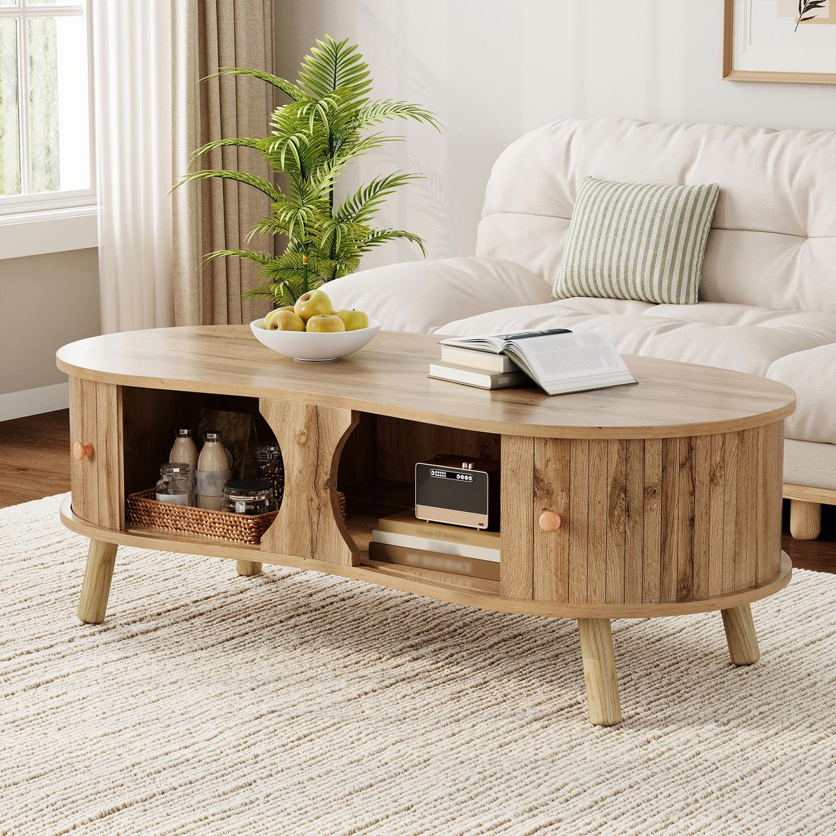 COUCHTISCH holzoptik & rillen-design erbsenform & schiebetüren - Naturfarben, Holzwerkstoff (50/108/37cm) - Urban Meuble