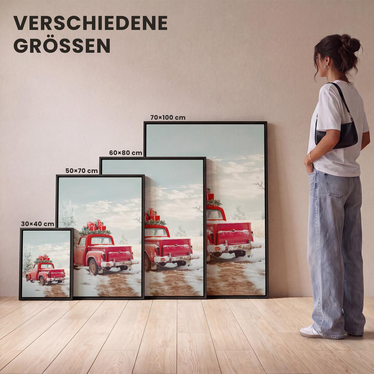 LEINWAND Bilder mit Rahmen - Auto - Rot - Geschenke - Winter - Schnee - Weihnachten - 60x80 - Rot, Textil (60/80cm) - MuchoWow