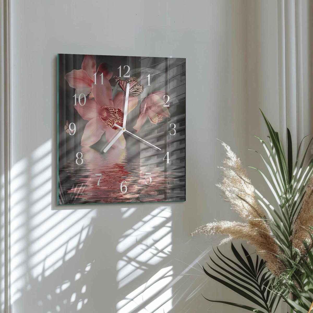 WANDUHR aus Glas 30x30 cm - Orchidee - Pink, Glas (30/30/0.4cm) - TULUP