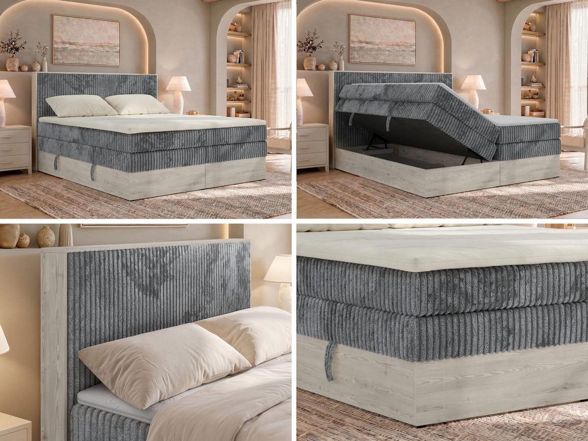 BOXSPRINGBETT NORDIC KING 140/200 - Grau Cord - Topper Visco - H3 - Schwarz/Grau, Kunststoff/Textil (140/200cm) - MKS