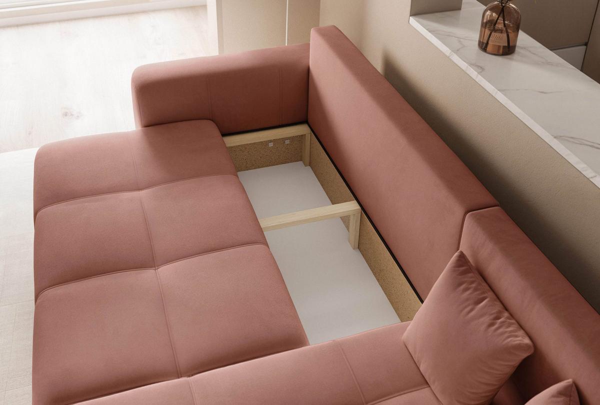 ECKSOFA Puderrosa Velours mit Bettkasten und Schlaffunktion - Rosa, Textil (248/145cm) - Idohome