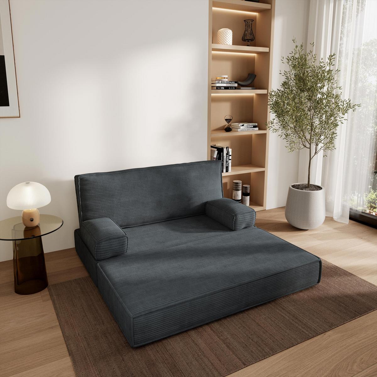 BETTSOFA LADIA aus Schaumstoff Kordstoff Grau Schlaffunktion - Dunkelgrau, Textil (140/86/60cm) - MASSENO