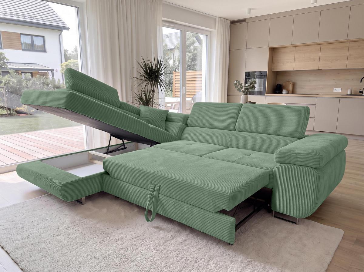ECKSOFA L Form Konak Salbeigrün 276/201/90 cm Links mit Schlaffunktion - Salbeigrün/Silberfarben, Textil/Metall (203/276cm) - AX Living