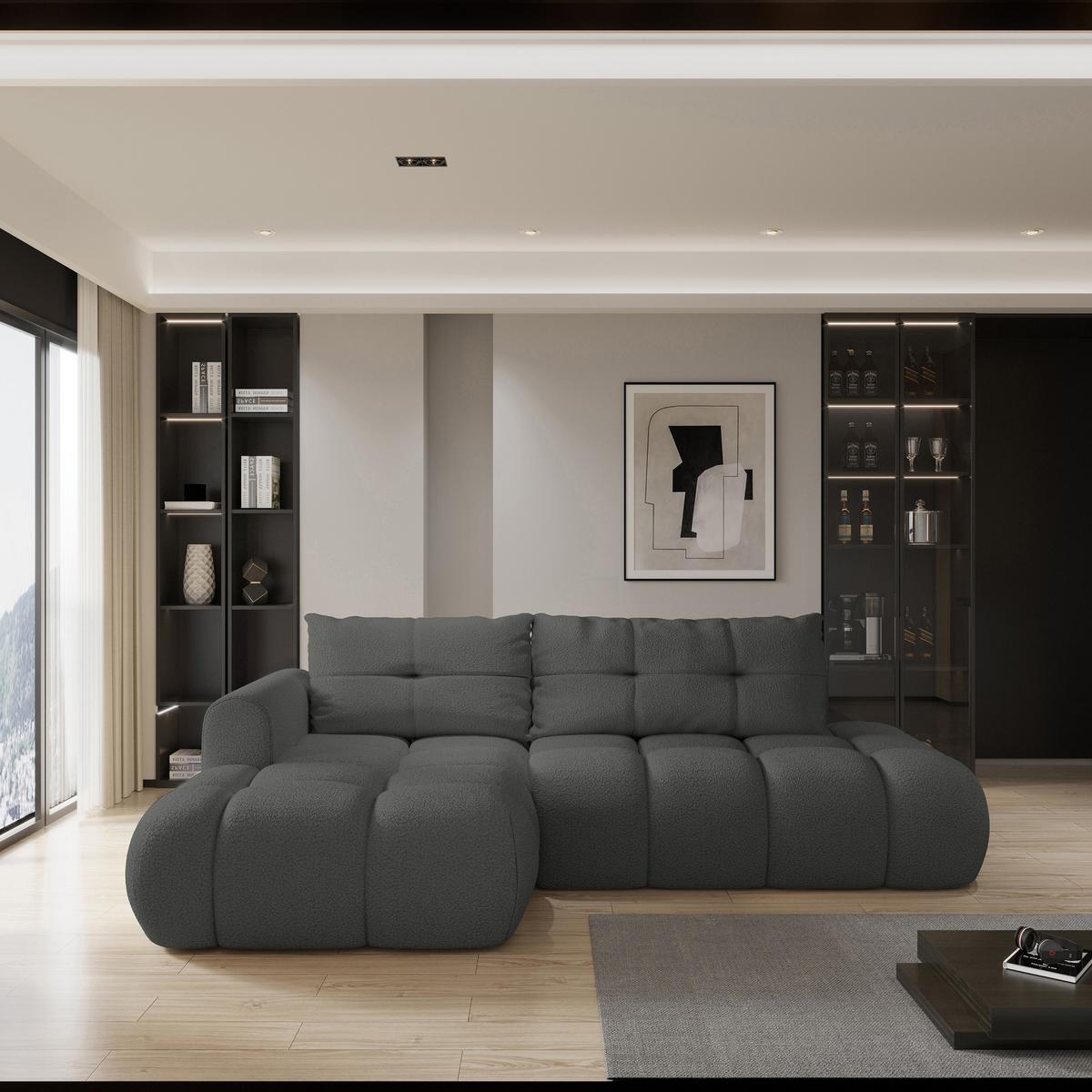 ECKSOFA FLUMA L-S Grau Boucle-Stoff mit Schlaffunktion - Grau, Holz (279/158cm) - MASSENO