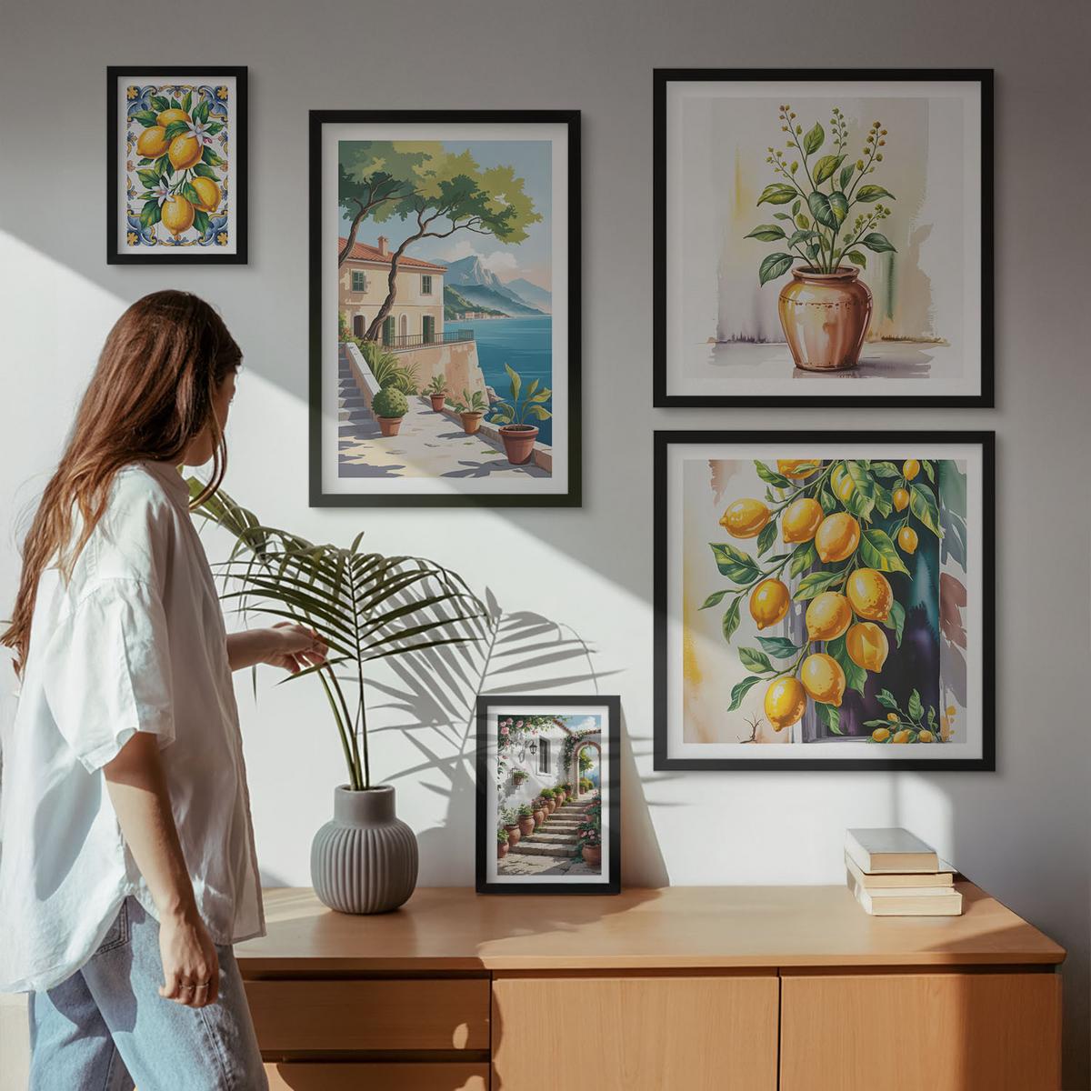 BILDER SET 5er Set - 50x50 cm & 20x30 cm & 40x60 cm Schwarzer Rahmen - Zitrusbaum im Fenster am Meer - Schwarz, Kunststoff (40/60cm) - TULUP