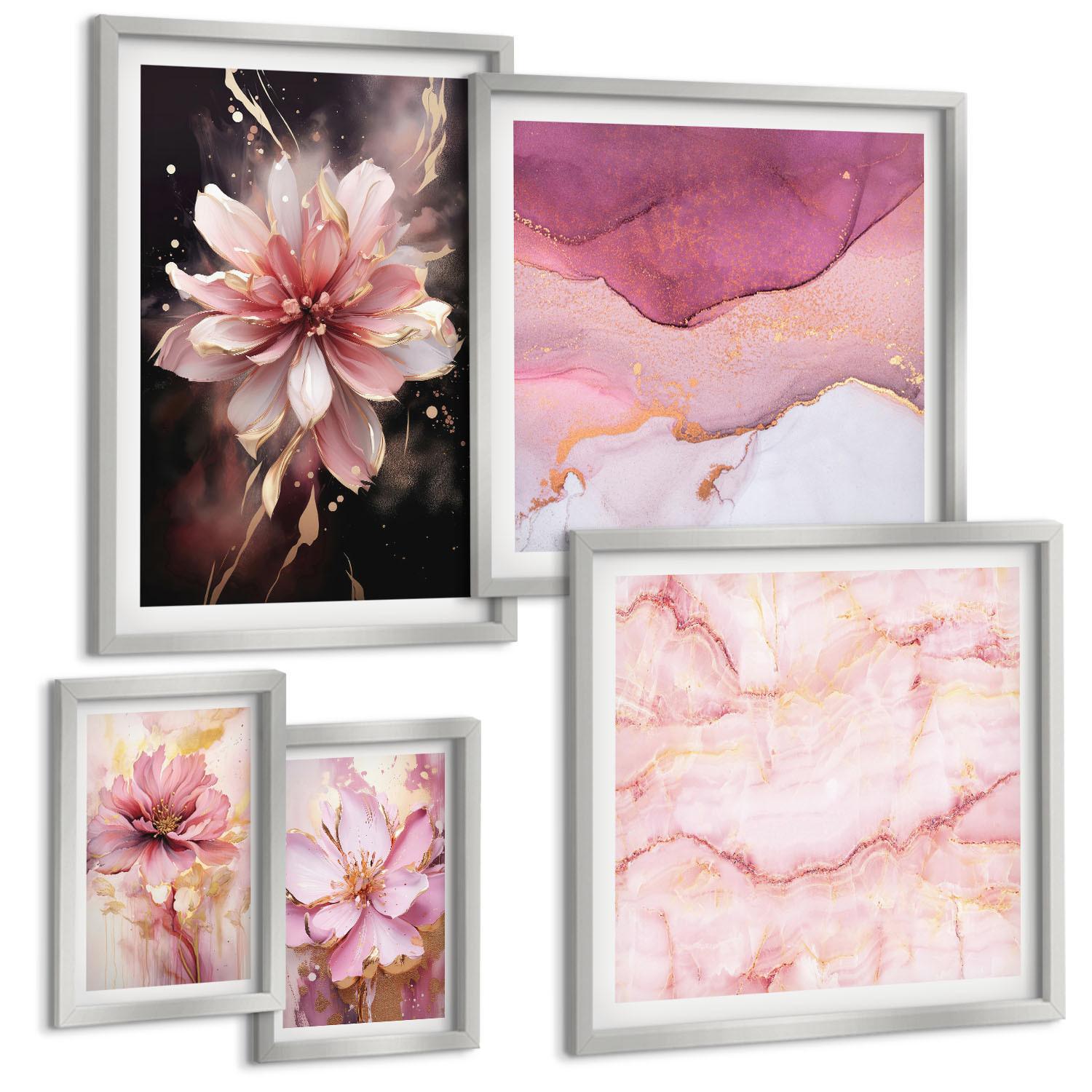 BILDER SET 5er Set - 50x50 cm & 20x30 cm & 40x60 cm Silberner Rahmen - Waldlandschaften der Wildnis - Silberfarben, Kunststoff (40/60cm) - TULUP