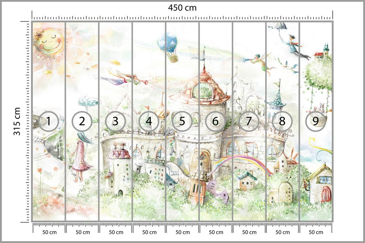 FOTOTAPETE für Kinderzimmer Märchenstadt Schloss Magisch 450x315 - Blau/Gelb, Papier (450/315cm) - Muralo