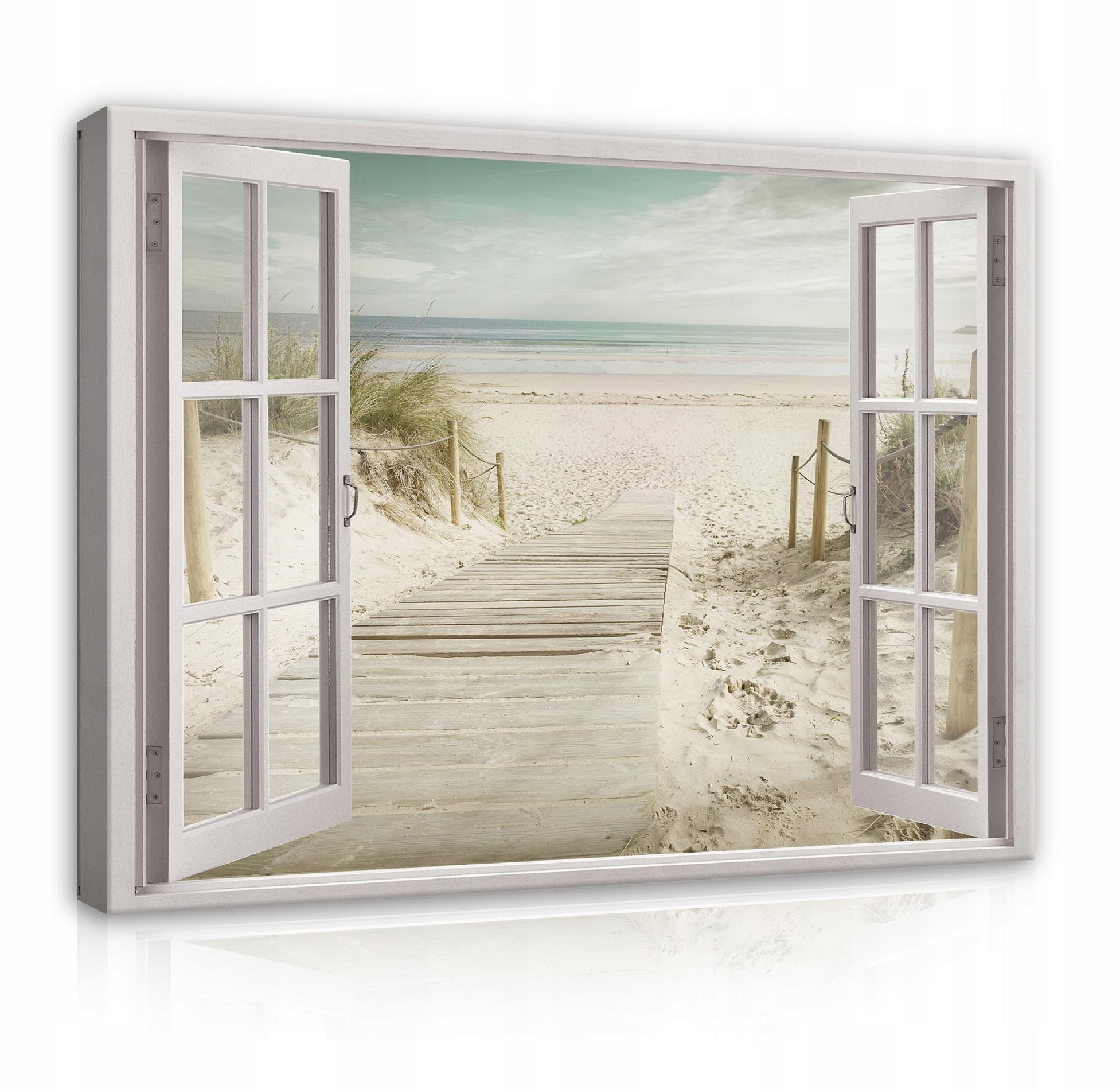 LEINWAND BILDER Fenster Strand Meer Wohnzimmer 100x70 - Multicolor, Holzwerkstoff (100/70cm) - Wallarena