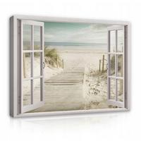 LEINWAND BILDER Fenster Strand Meer Wohnzimmer 100x70 - Multicolor, Holzwerkstoff (100/70cm) - Wallarena