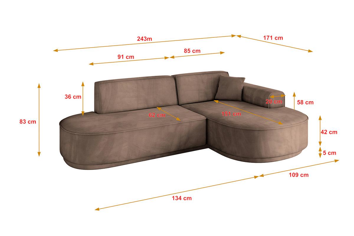 ECKSOFA Ottomane Rechts MARI-L1-v3 - 243x171x83 cm Braun Velours - Schwarz/Braun, Holzwerkstoff/Kunststoff (171/243cm) - ALTDECOR