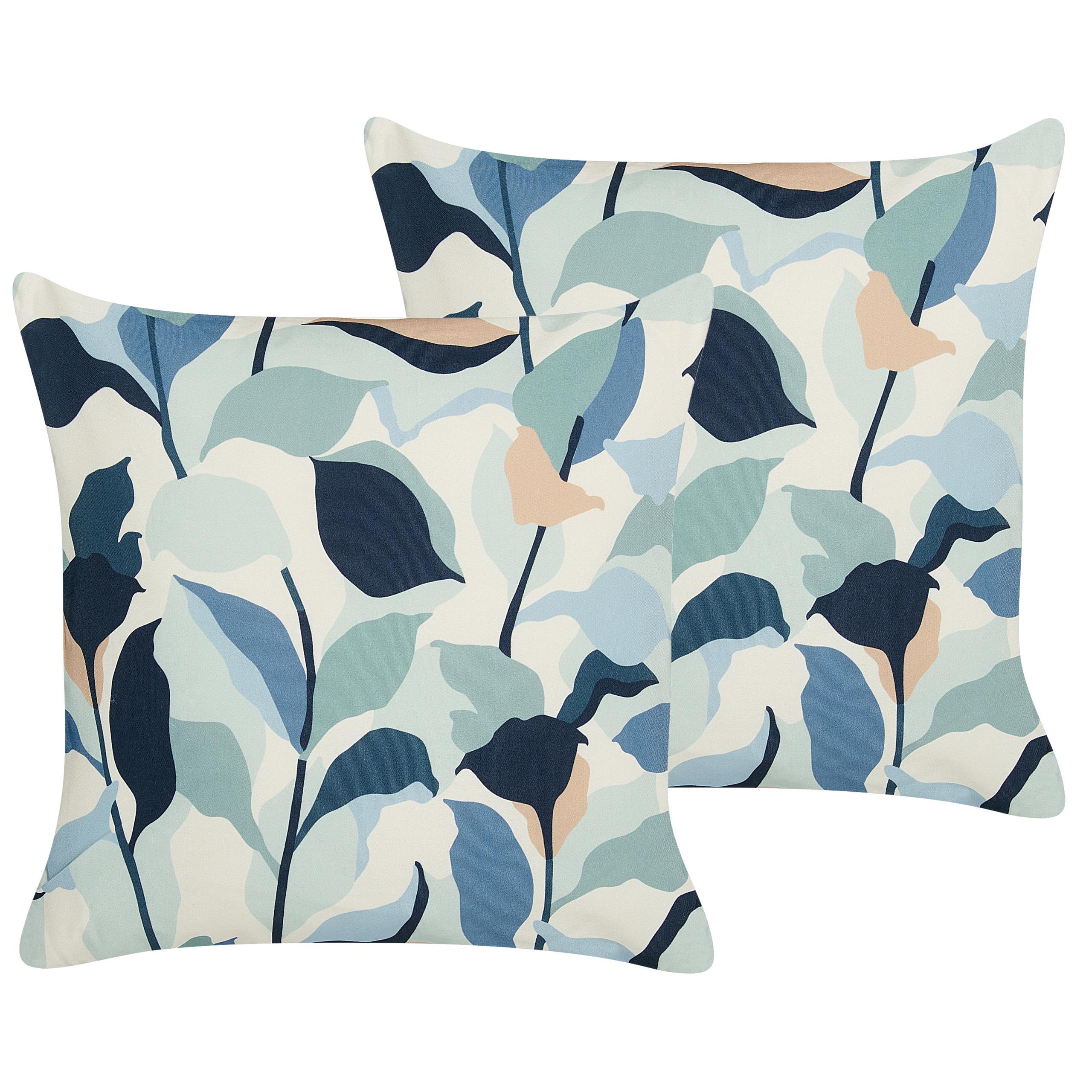 GARTENKISSEN 2er-Set Blattmotiv blau/weiß 45/45 cm Veglino - Dunkelblau, Textil (45/45cm) - Beliani