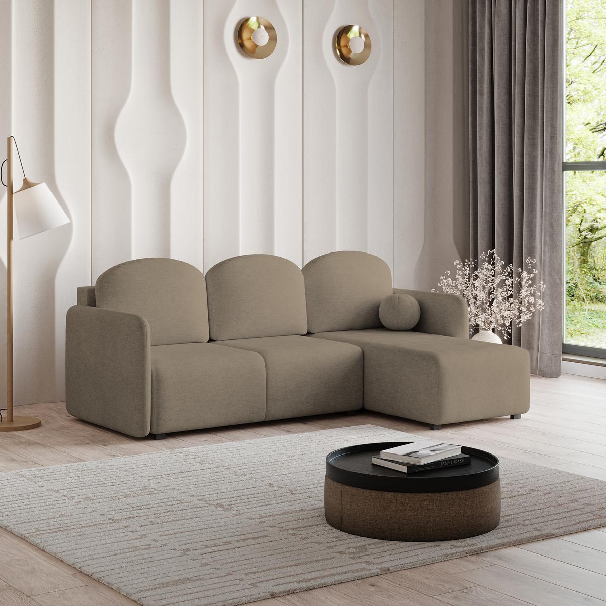 ECKSOFA SUVINO Braun Geflochtener Stoff mit Schlaffunktion - Braun, Holz (230/143cm) - MASSENO