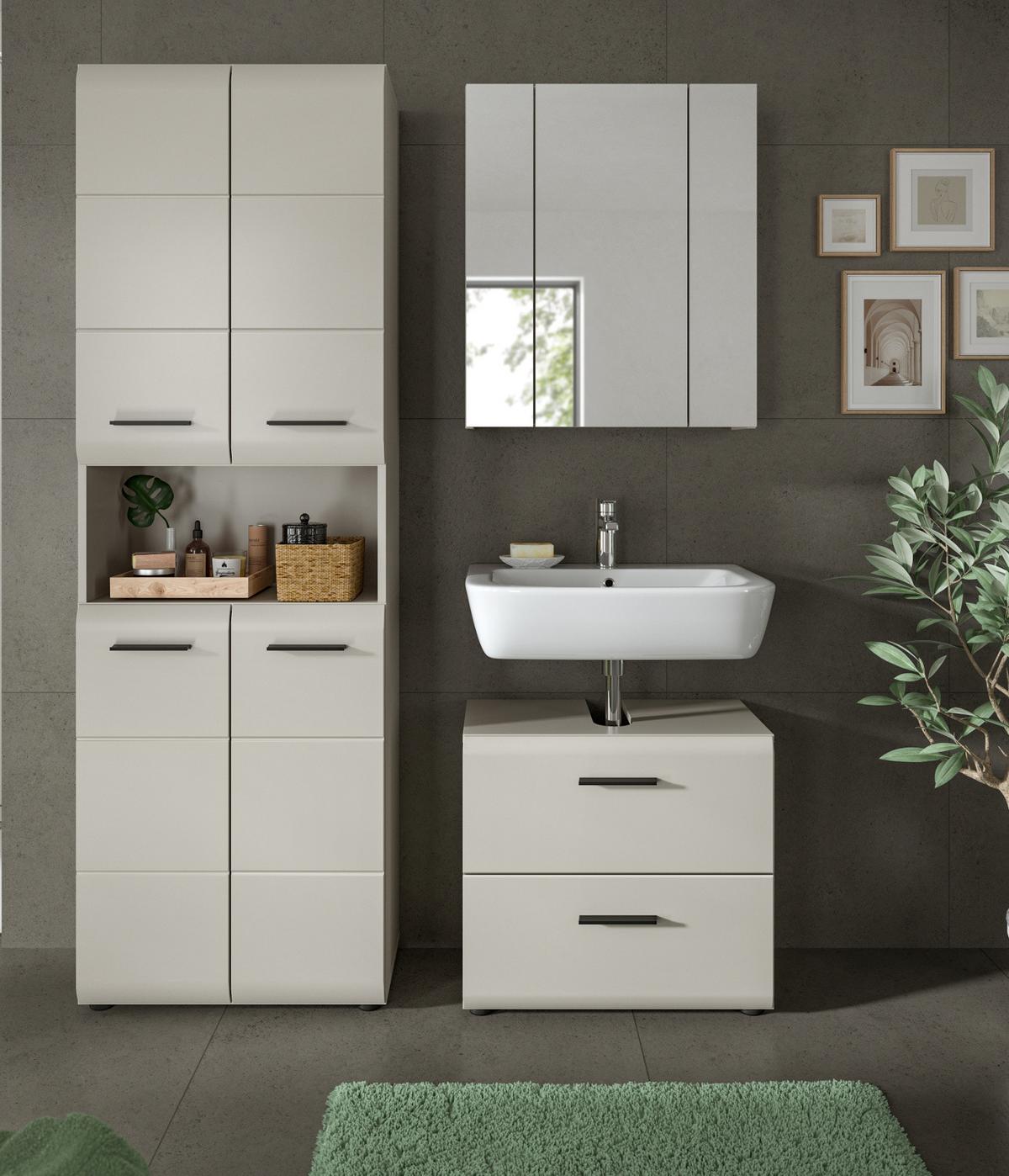 BADMÖBEL-SET Kaschmir 3-teilig 135 cm, Komplettset mit XL Hochschrank - Kaschmir/Schwarz, Glas/Holzwerkstoff (135/185/30cm) - Inn.Furn