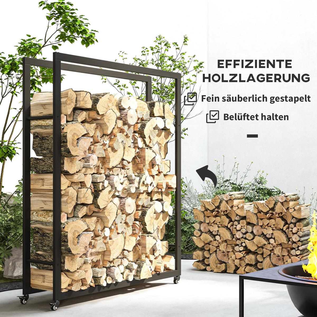 KAMINHOLZREGAL bis 150 kg - Schwarz, Metall (32/151/120cm) - Outsunny