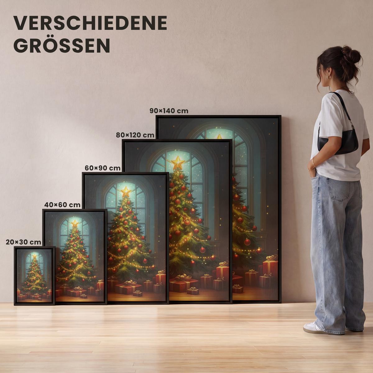 LEINWAND Bilder mit Rahmen - Weihnachtsbaum - Geschenk - Winter - 100x150 - Grün, Textil (100/150cm) - MuchoWow
