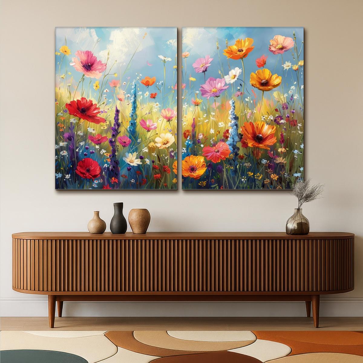 LEINWANDBILD 2er Set Blumen - Frühling - Farbenfroh - Sommerlich 180x120 cm - Orange, Textil (180/120cm) - MuchoWow