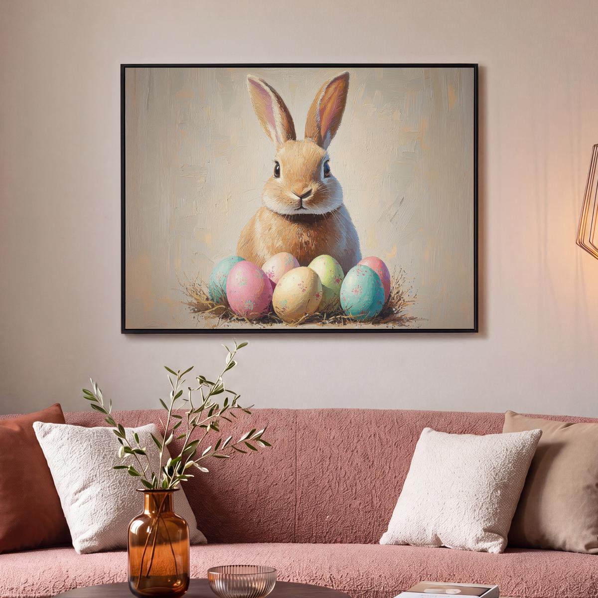 LEINWAND Bilder mit Rahmen - Osterhase - Pastell - Eier - 100x70 - Beige, Textil (100/70cm) - MuchoWow