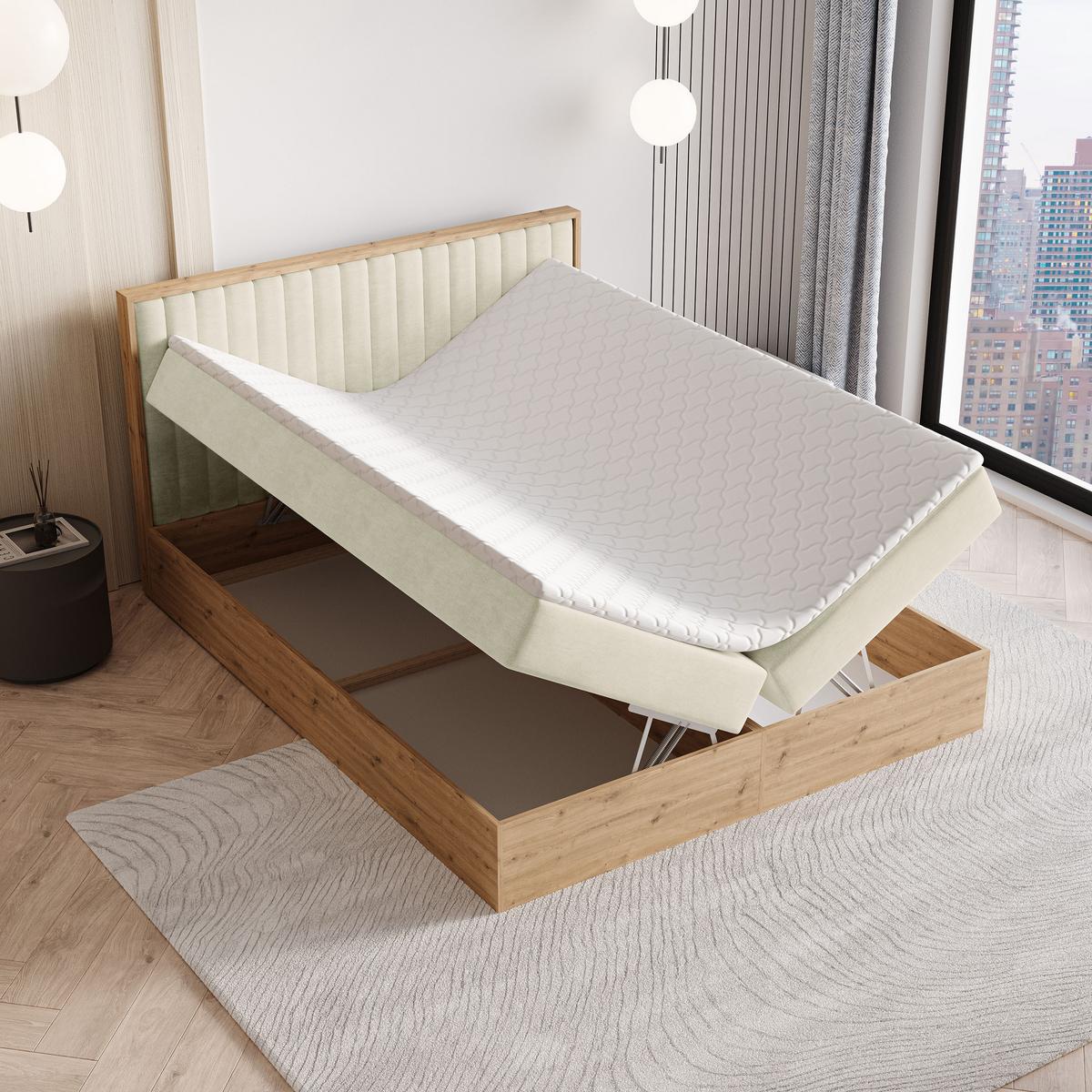 BOXBETT VARELI 140x200 cm mit Matratze und Topper - Creme - Creme, Holz (140/200cm) - MASSENO