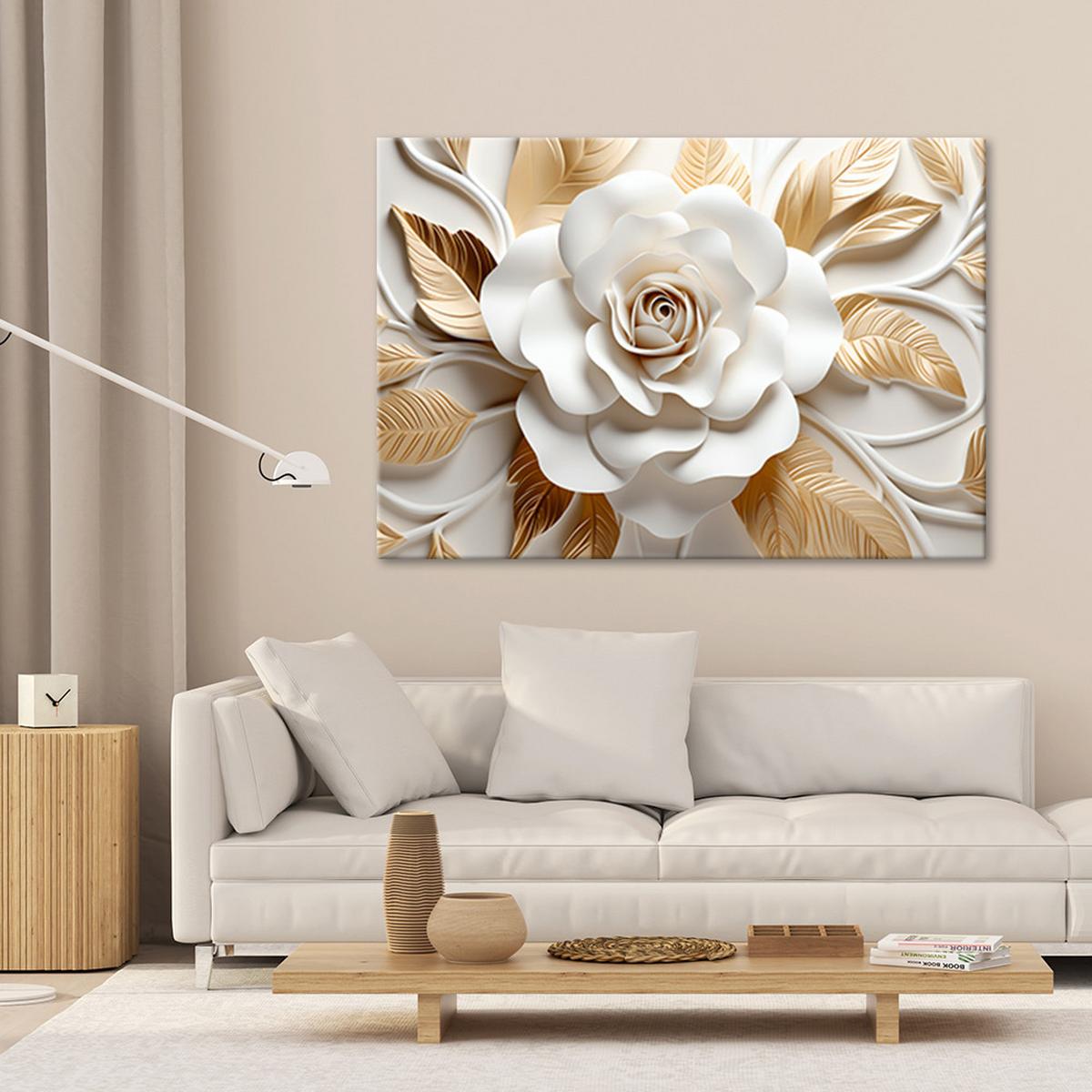 LEINWANDBILD AI Weißes Gold Blume 3D 60x40cm - Weiß, Textil (60/40cm) - Feeby