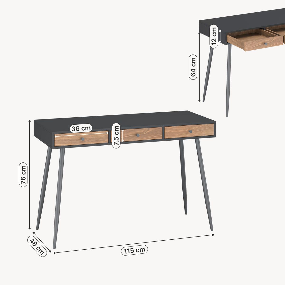 SCHREIBTISCH Tumba - Walnussfarben/Schwarz, Holzwerkstoff/Metall (48/115/76cm) - [en.casa]