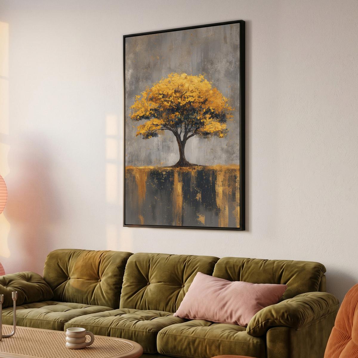LEINWAND Bilder mit Rahmen - Baum - Blätter - Gold - Abstrakt - 100x150 - Grau, Textil (100/150cm) - MuchoWow