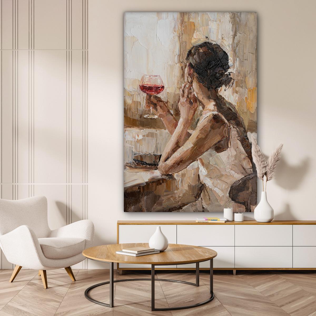 LEINWANDBILD Ölgemälde - Frau - Wein Deko Groß 90x140 cm - Hellbraun, Textil (90/140cm) - MuchoWow