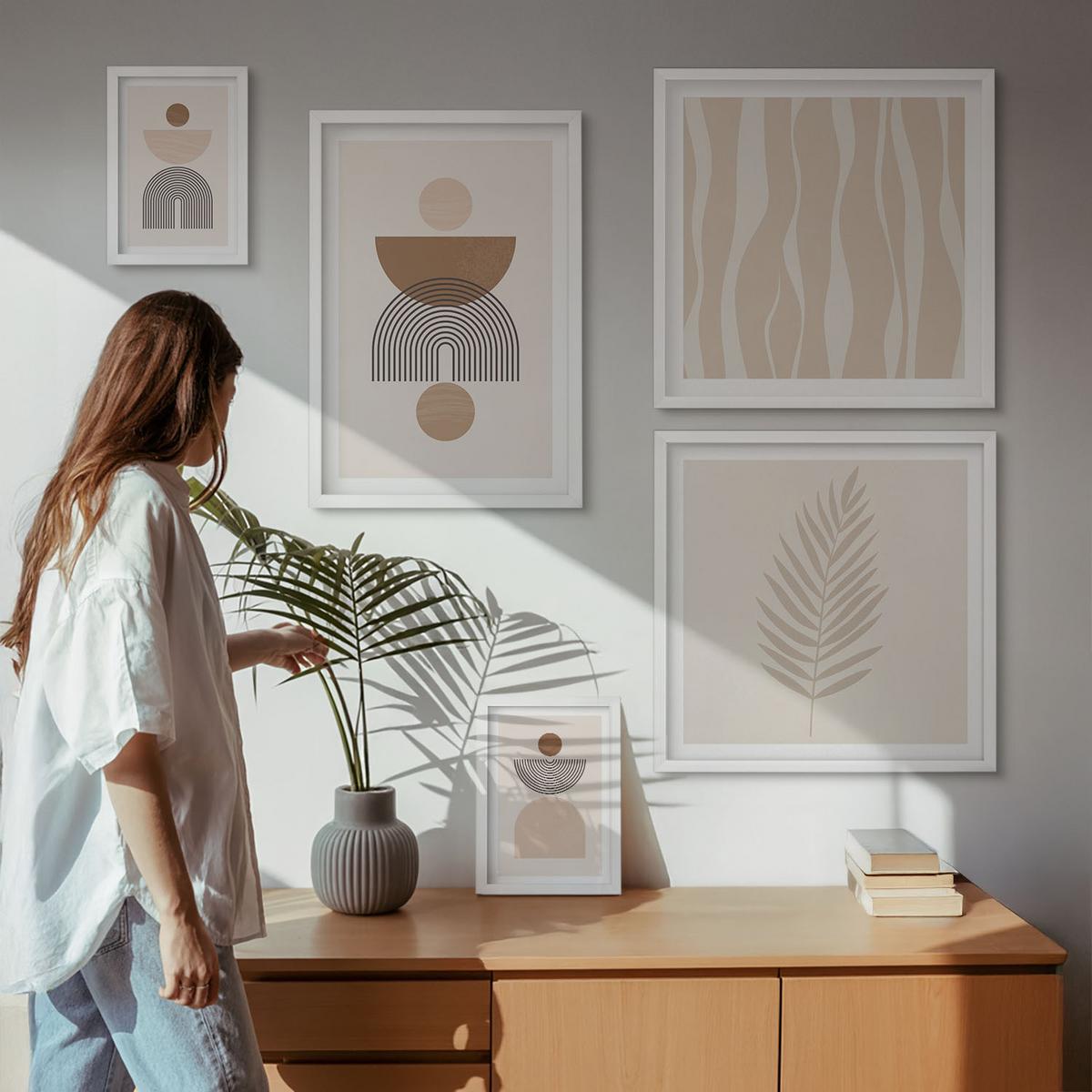 BILDER SET 5er Set - 50x50 cm & 20x30 cm & 40x60 cm Weißer Rahmen - Abstrakte Formen braun beige - Weiß, Kunststoff (40/60cm) - TULUP