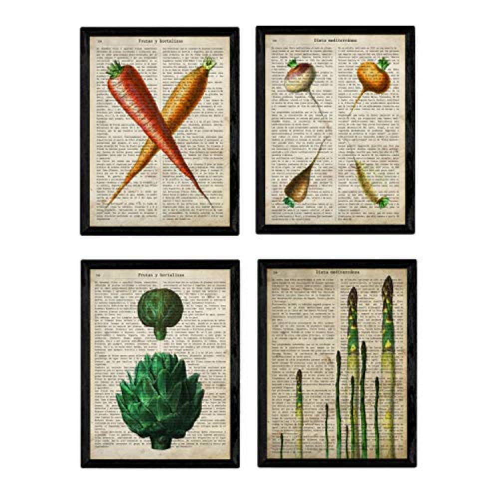 POSTER Set mit 4 Blättern von Obst und Gemüse Modell 2 A4 Schwarzer Rahmen - Schwarz, Papier (29.7/3cm) - Nacnic