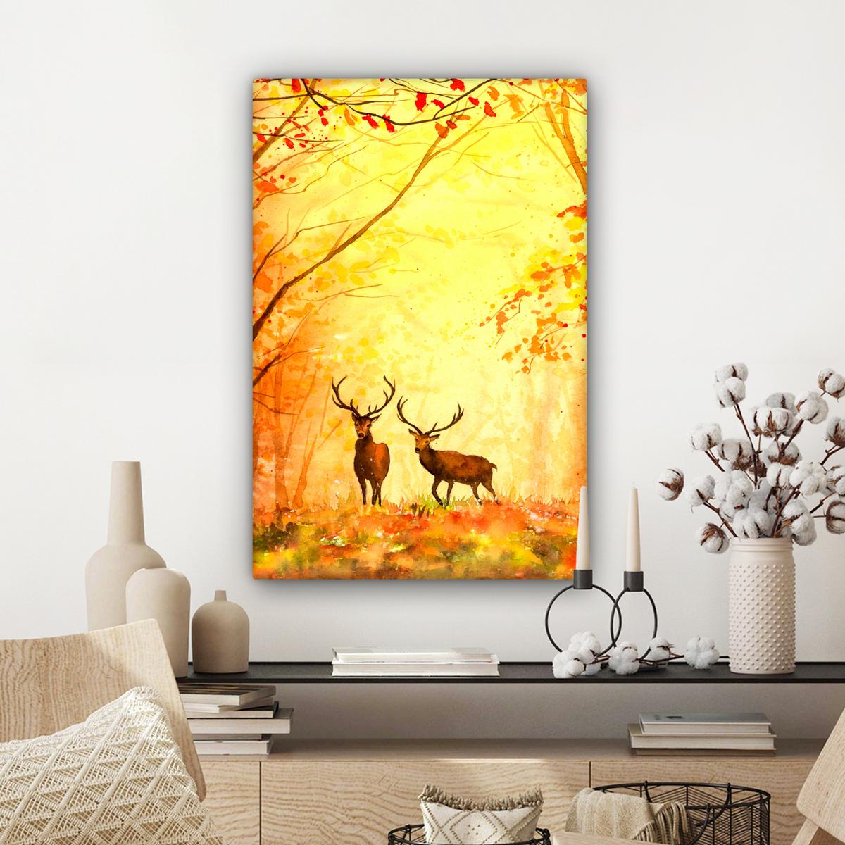 LEINWANDBILD Natur - Ölfarbe - Hirsche - Tiere - Herbst - Orange Wanddeko Schlafzimmer 60x90 cm - Orange, Textil (60/90cm) - MuchoWow