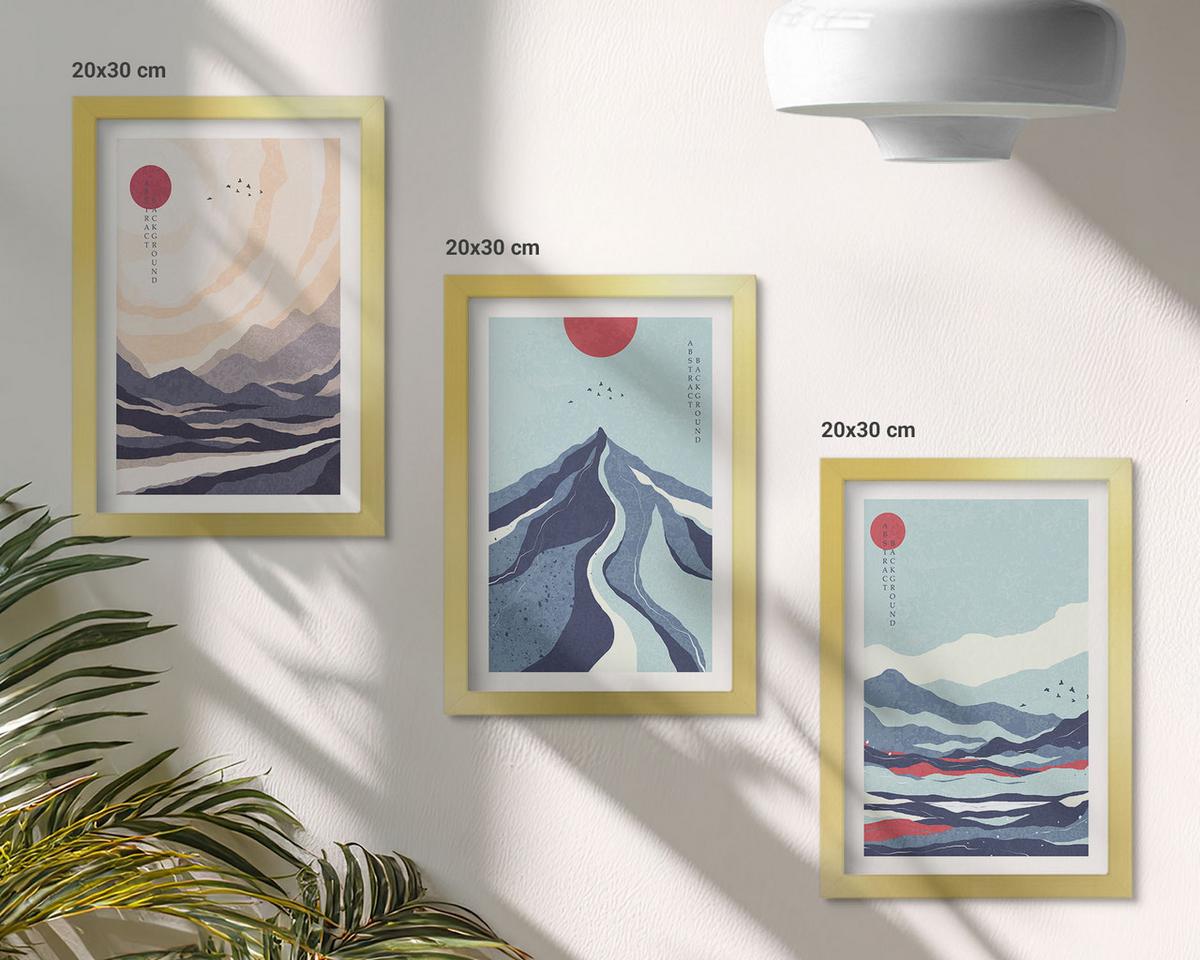 BILDER SET 3er Set - 20x30 cm Goldrahmen - Abstrakte japanische Berge - Goldfarben, Kunststoff (20/30cm) - TULUP