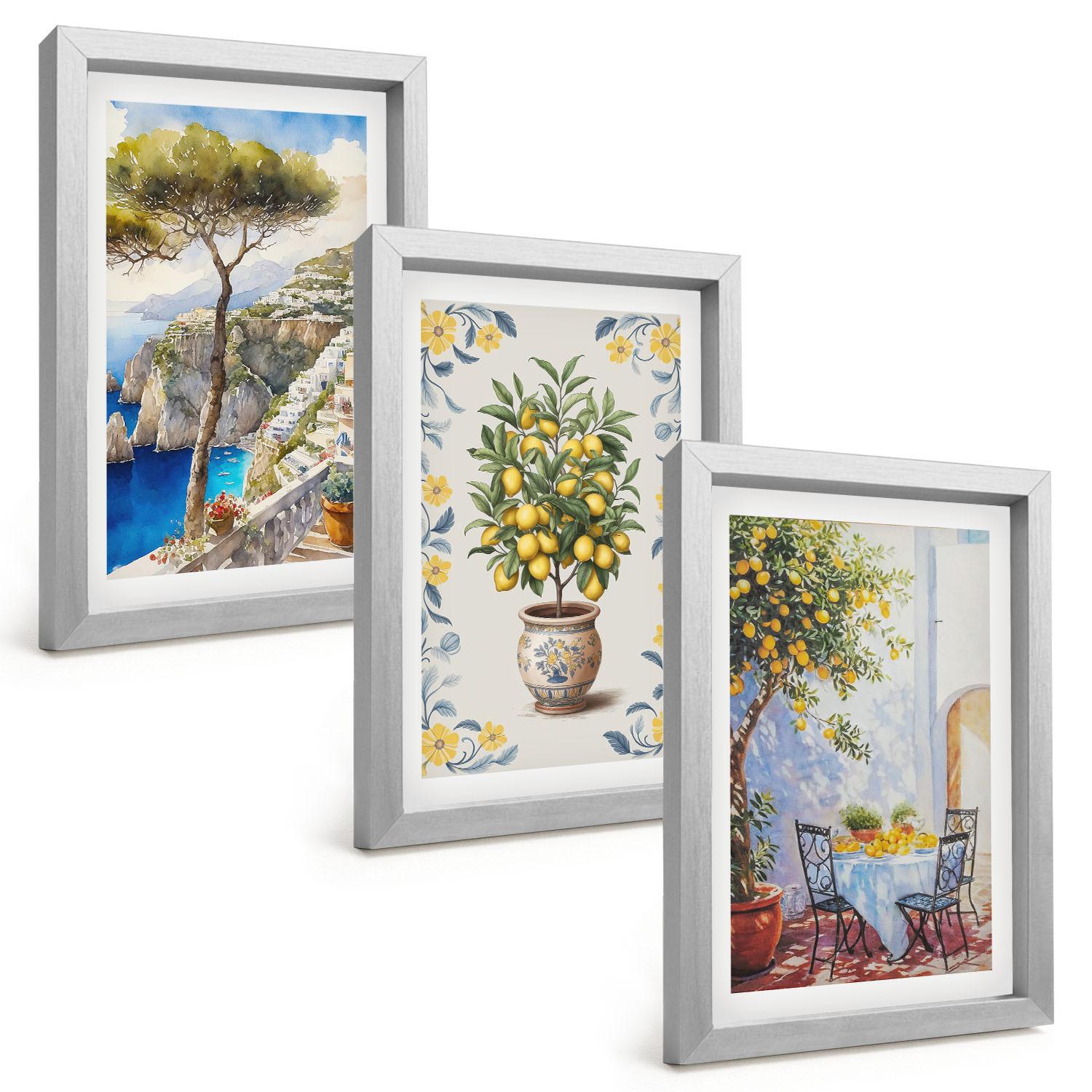 BILDER SET 3er Set - 20x30 cm Silberner Rahmen - Gemälde von Zitronenbäumen - Silberfarben, Kunststoff (20/30cm) - TULUP