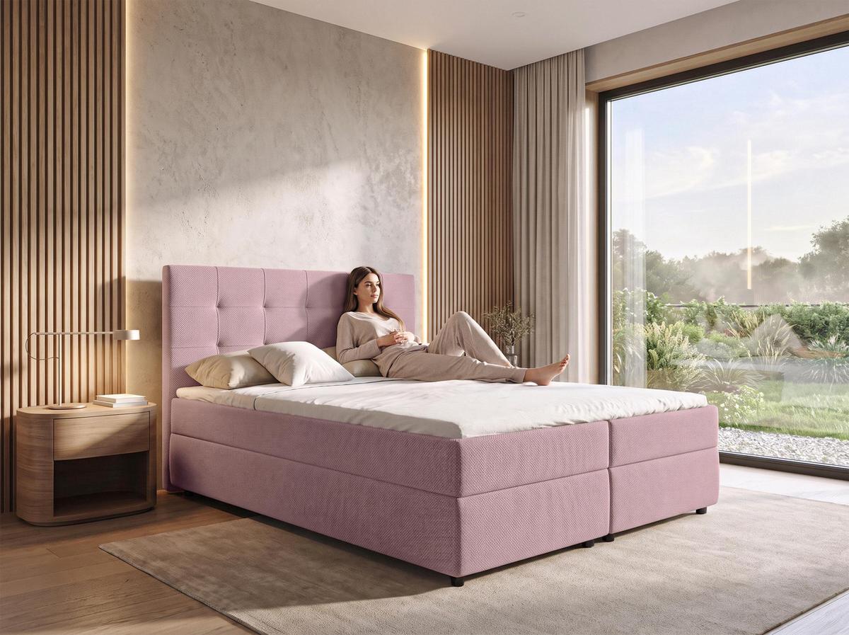 BOXBETT SAKARYA 140x200 cm mit Bettkasten und Matratze - Rosa + TOPPER - Schwarz/Rosa, Holz/Holzwerkstoff (140/200cm) - AX Living