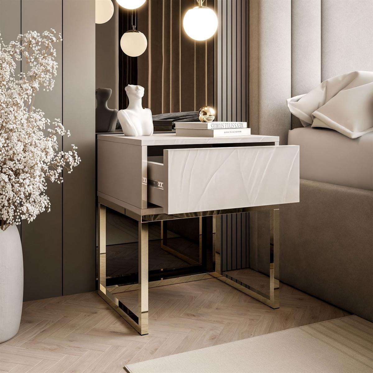 NACHTTISCH BLANCO KASZMIR auf verchromtem Gestell PUSH OPEN kaschmir/gold chrom - Goldfarben, Holzwerkstoff (45/52/37cm) - Lookway