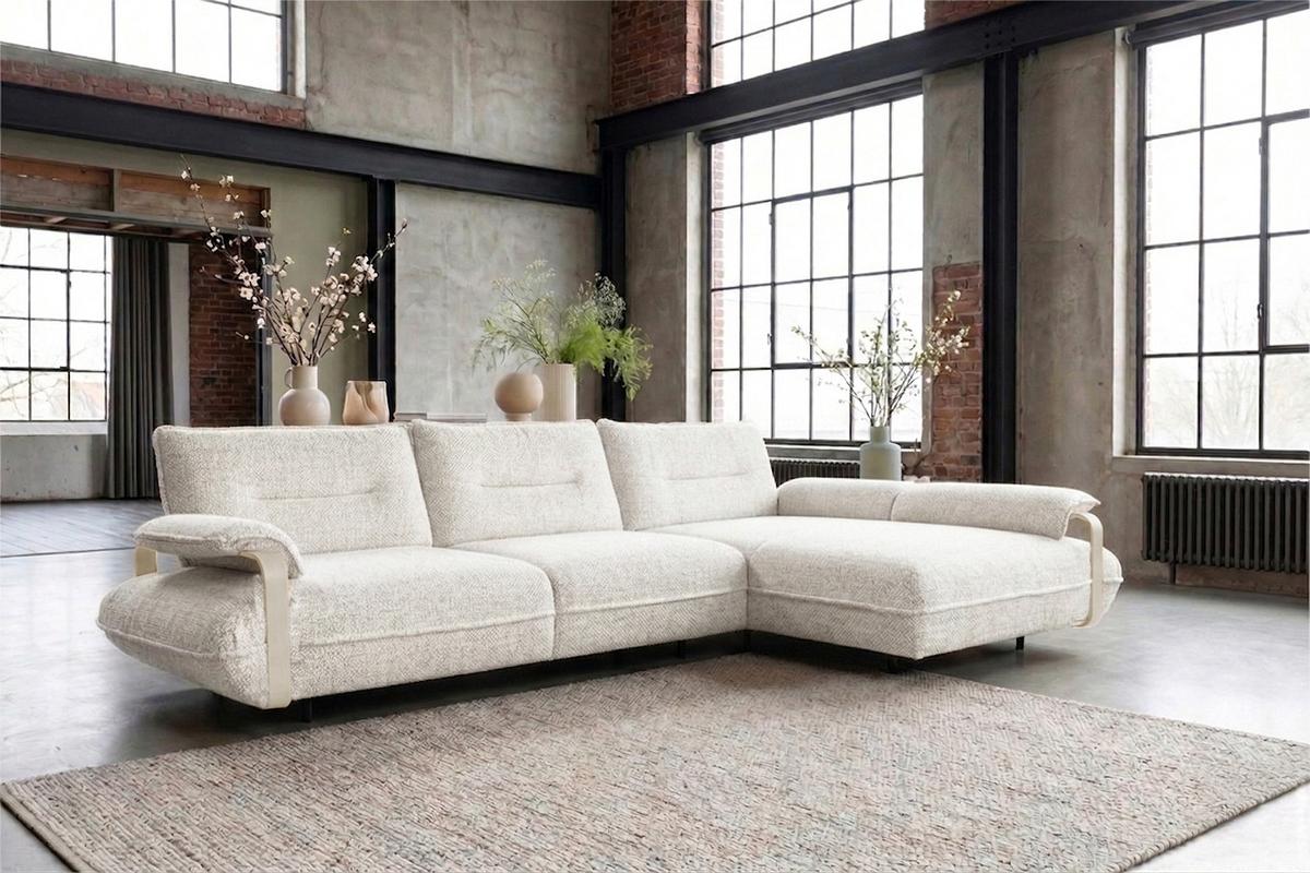 ECKSOFA ANISSA Cremeweiß Flachgewebe - Creme/Schwarz, Kunststoff/Textil (185/297cm) - KAWOLA