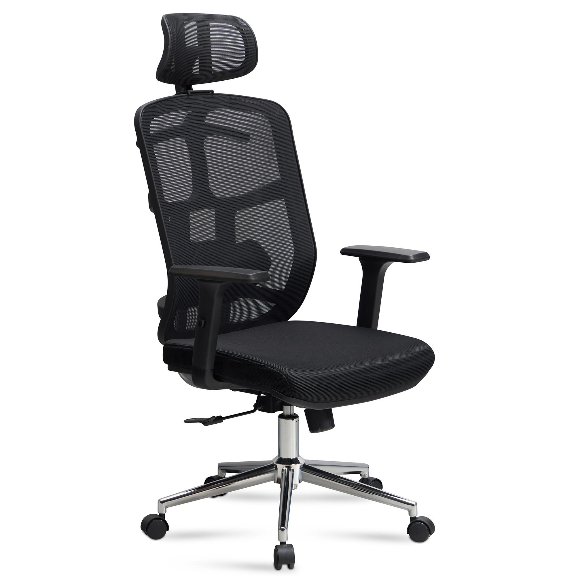BÜROSTUHL Schwarz Mesh mit Kopfstütze, Lendenstütze, Wippfunktion und Höhenverstellung, bis 120 kg - Silberfarben/Schwarz, Kunststoff/Textil (68/130/68cm) - KADIMA DESIGN